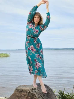 Floral Print Belted Chiffon Dress