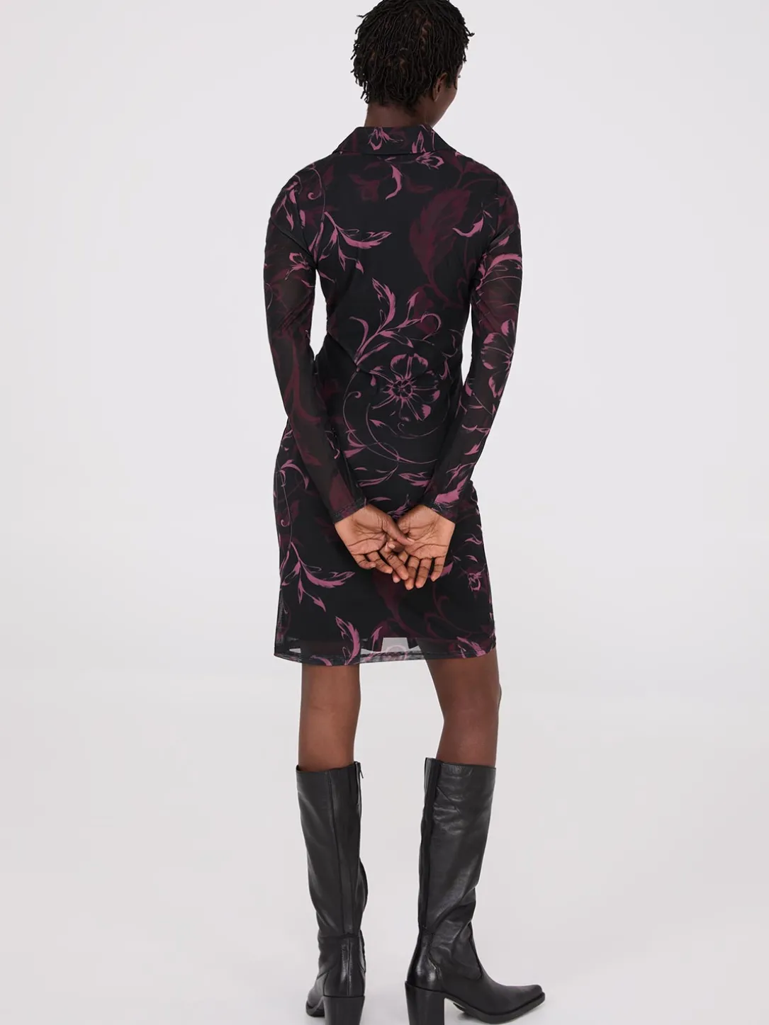 Floral Print Button-Front Gathered Mesh Dress