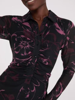 Floral Print Button-Front Gathered Mesh Dress