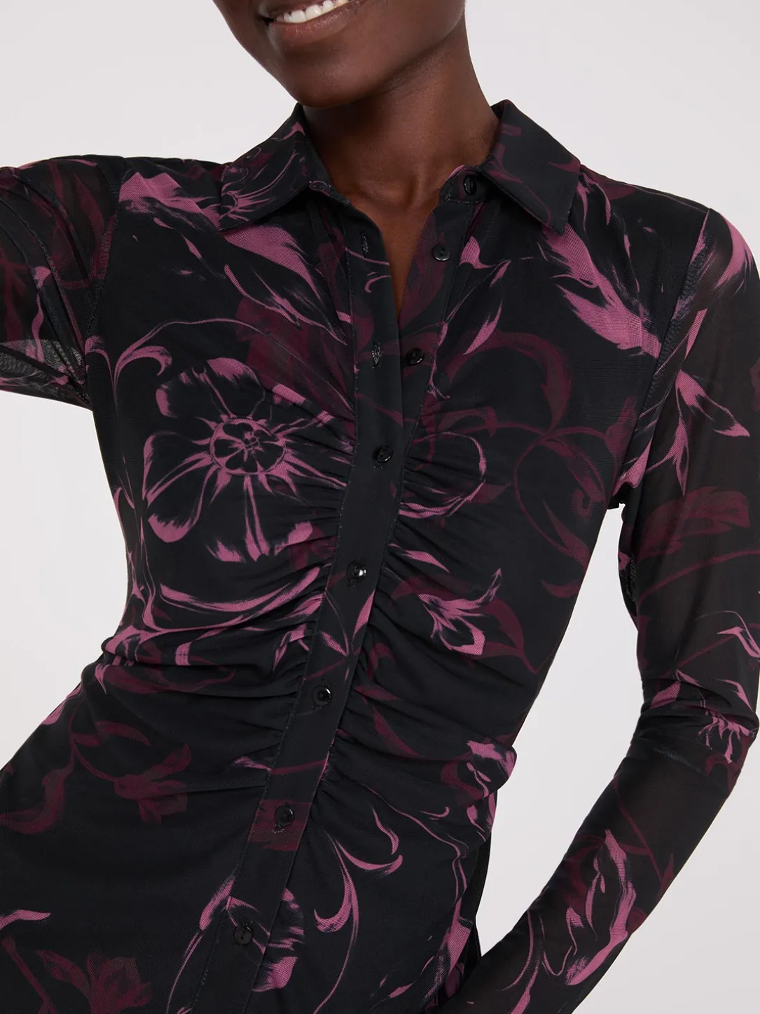 Floral Print Button-Front Gathered Mesh Dress