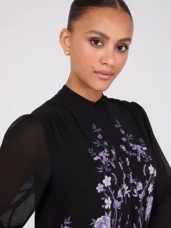 Floral Print Chiffon Button-Front Flowy Blouse