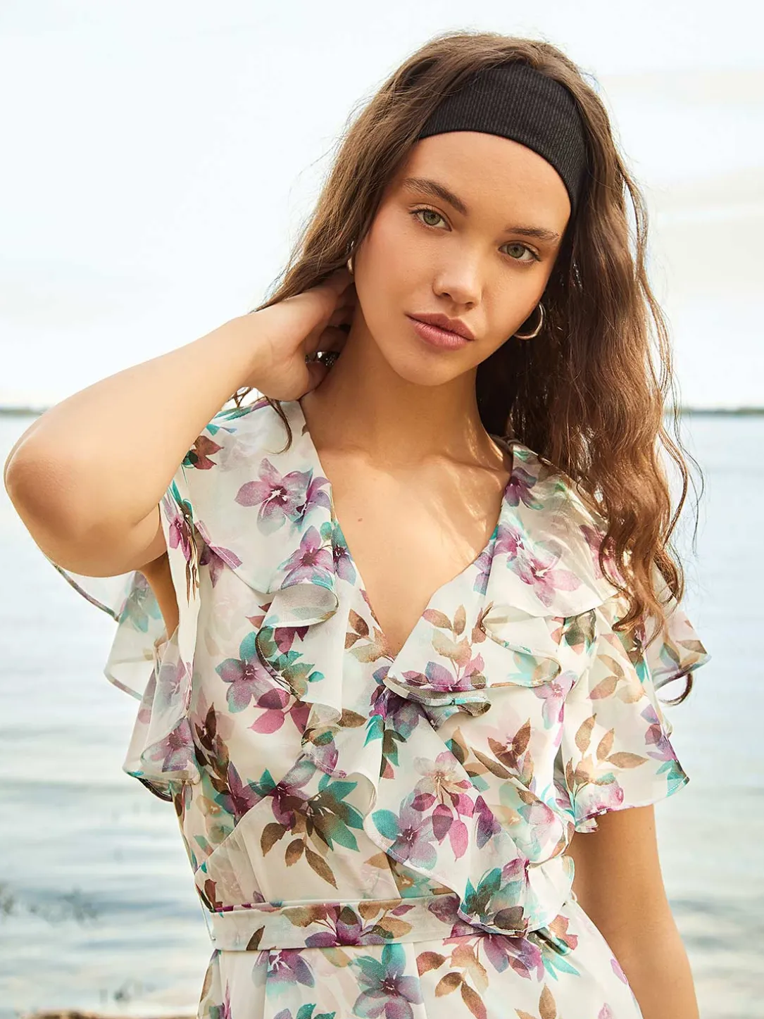 Floral Print Chiffon Midi Dress With Ruffle Details