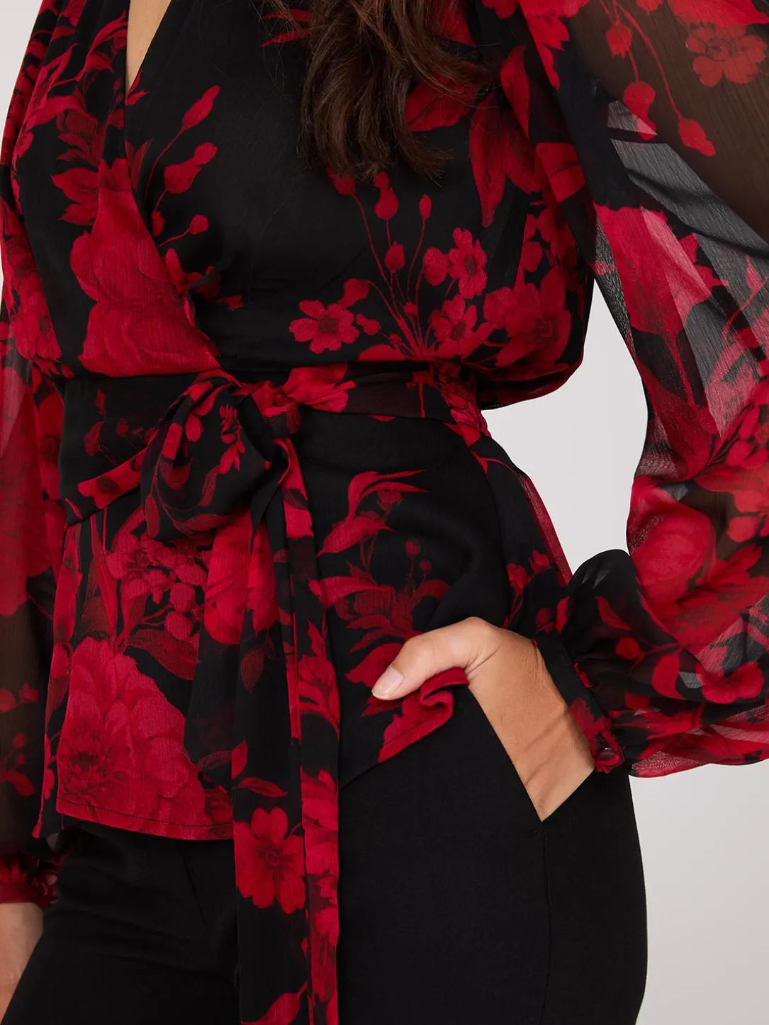 Floral Print Faux Wrap Blouse