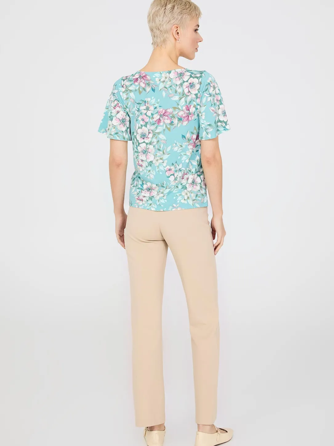 Floral Print Flutter Sleeve Boat Neck Top