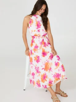 Floral Print Halter Neck Chiffon Midi Dress