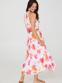 Floral Print Halter Neck Chiffon Midi Dress