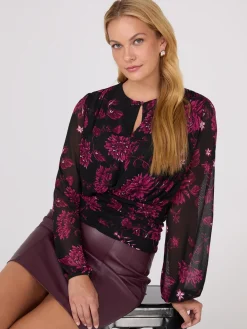 Floral Print Mesh Top With Ruched Waistband