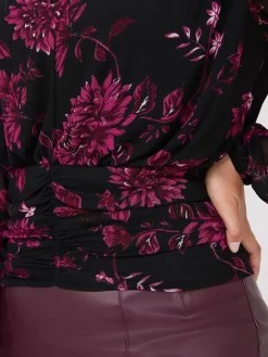 Floral Print Mesh Top With Ruched Waistband