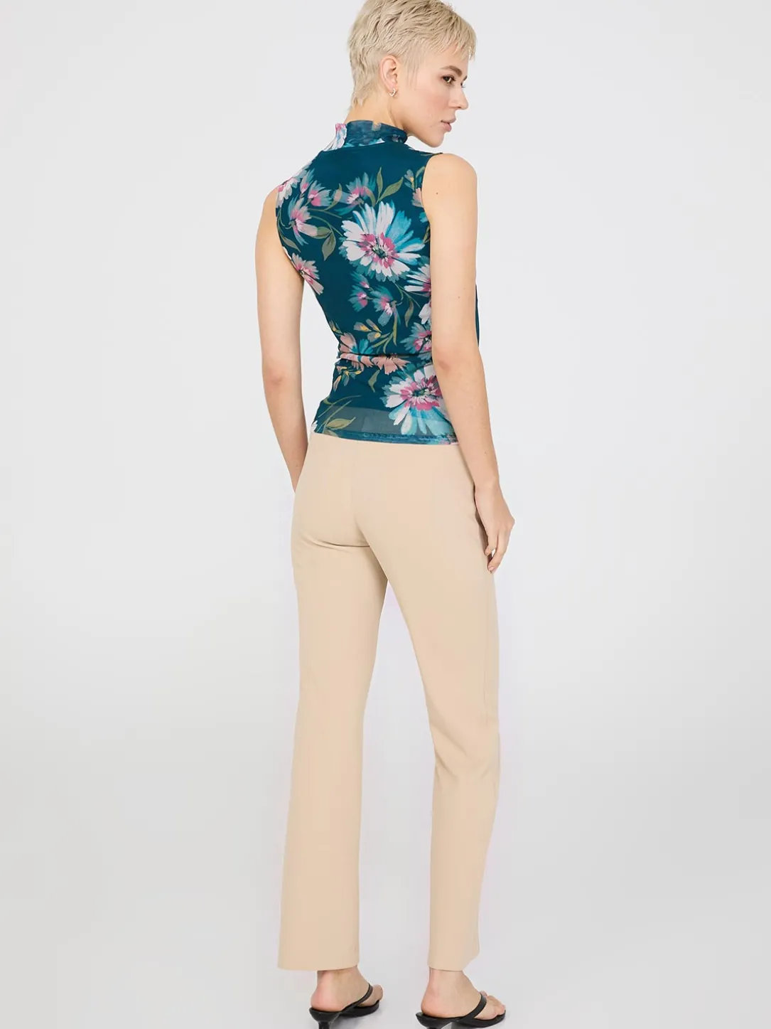 Floral Print Mock Neck Mesh Top