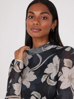 Floral Print Mock Neck Mesh Top