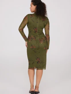 Floral Print Mock Neck Mesh Dress