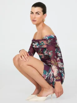 Floral Print Off-The-Shoulder Mesh Dress