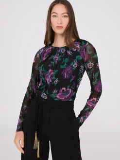 Floral Print Ruched Mesh Top