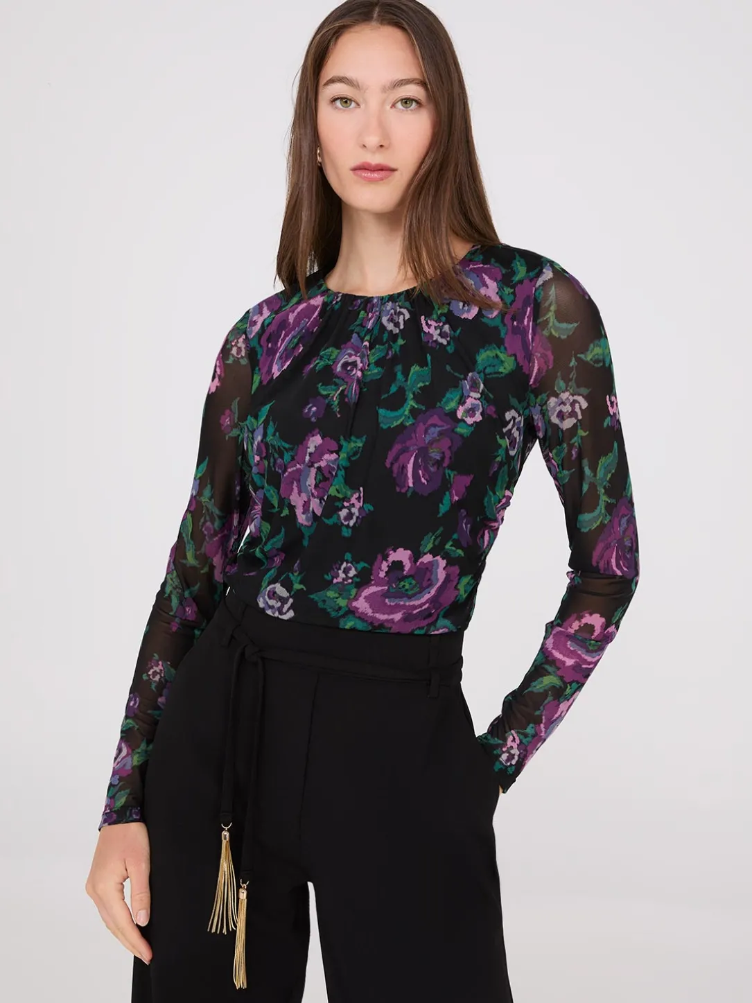 Floral Print Ruched Mesh Top