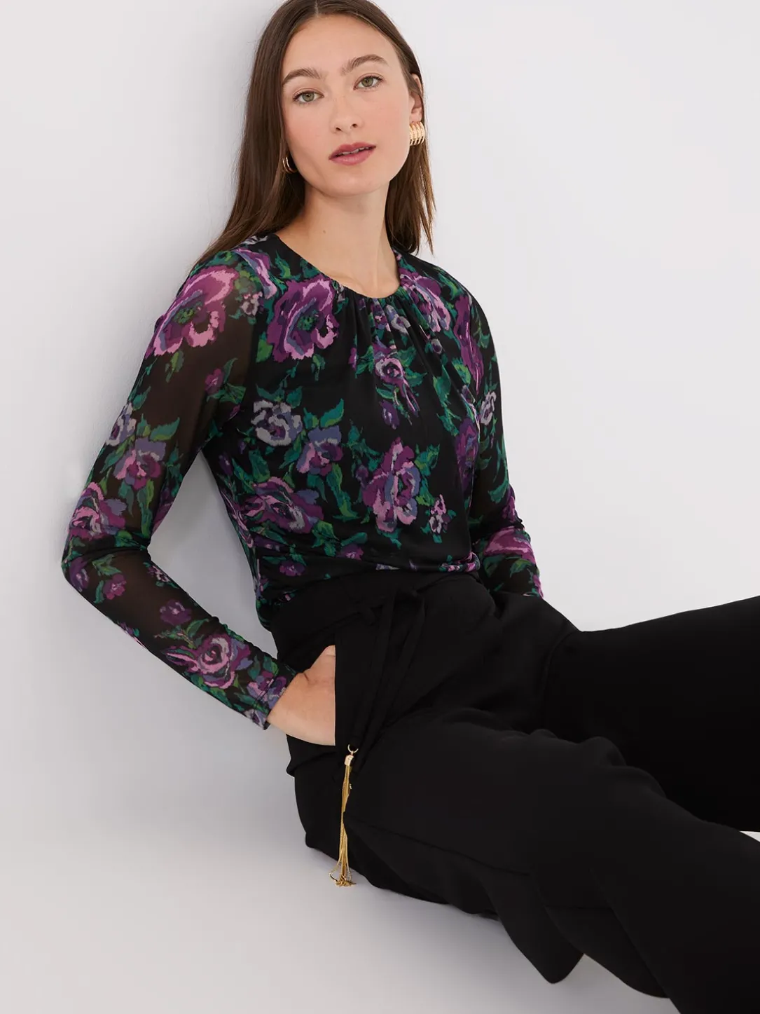 Floral Print Ruched Mesh Top