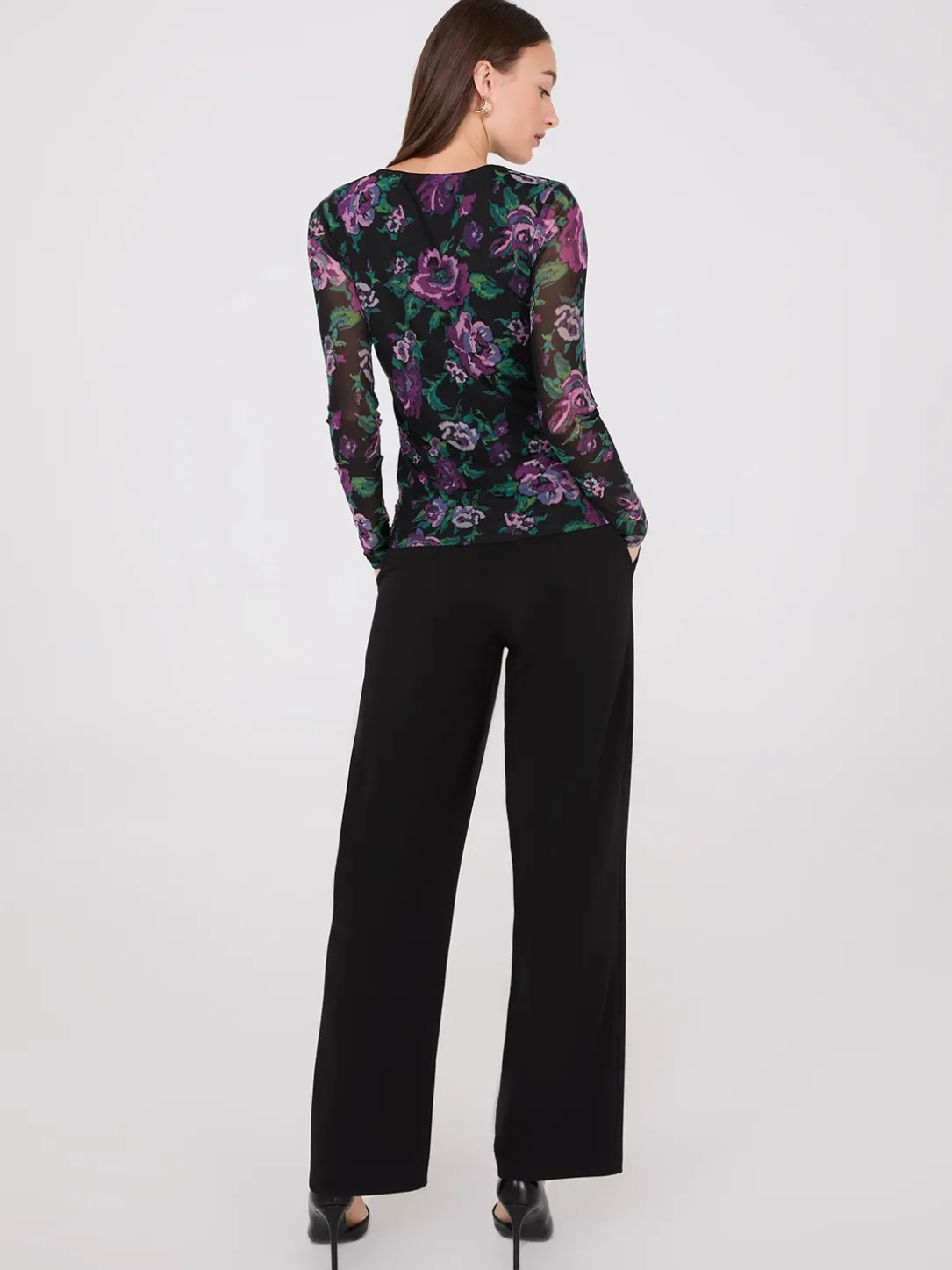 Floral Print Ruched Mesh Top