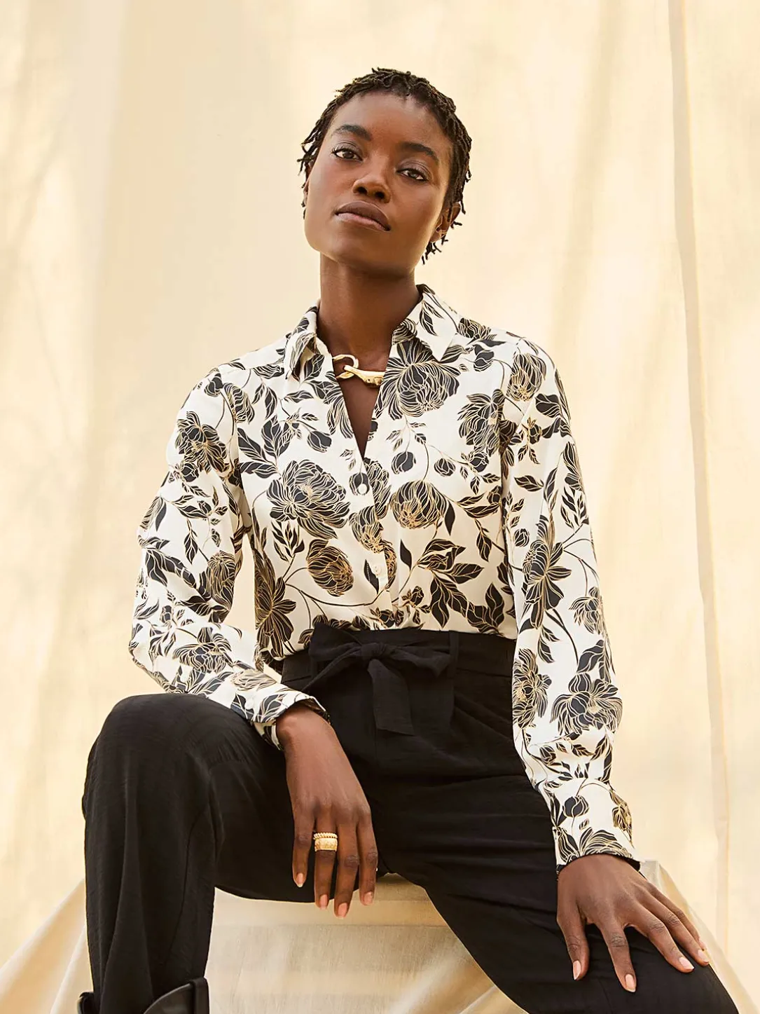 Floral Print Satin Button-Front Blouse