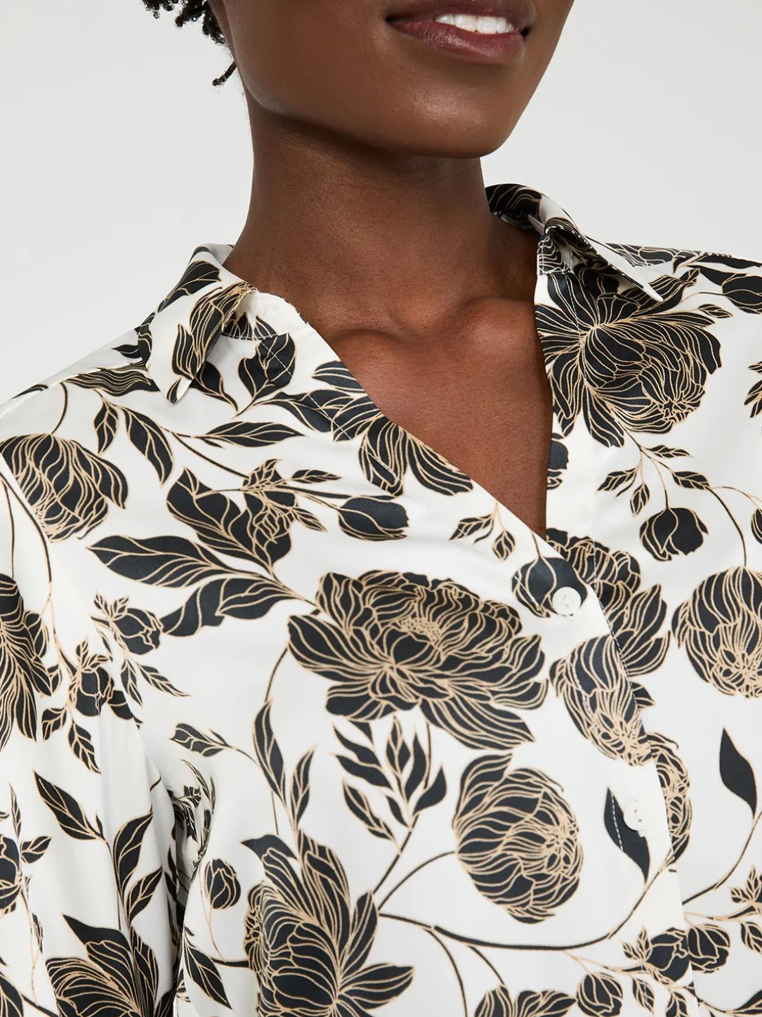Floral Print Satin Button-Front Blouse