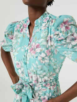 Floral Print Split Neck Dress With Balloon Sleeves