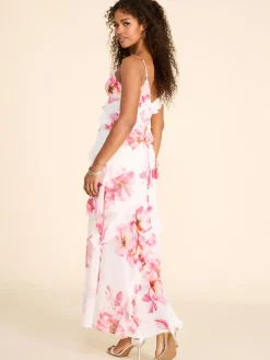 Floral Print V-Neck Allover Ruffle Gown