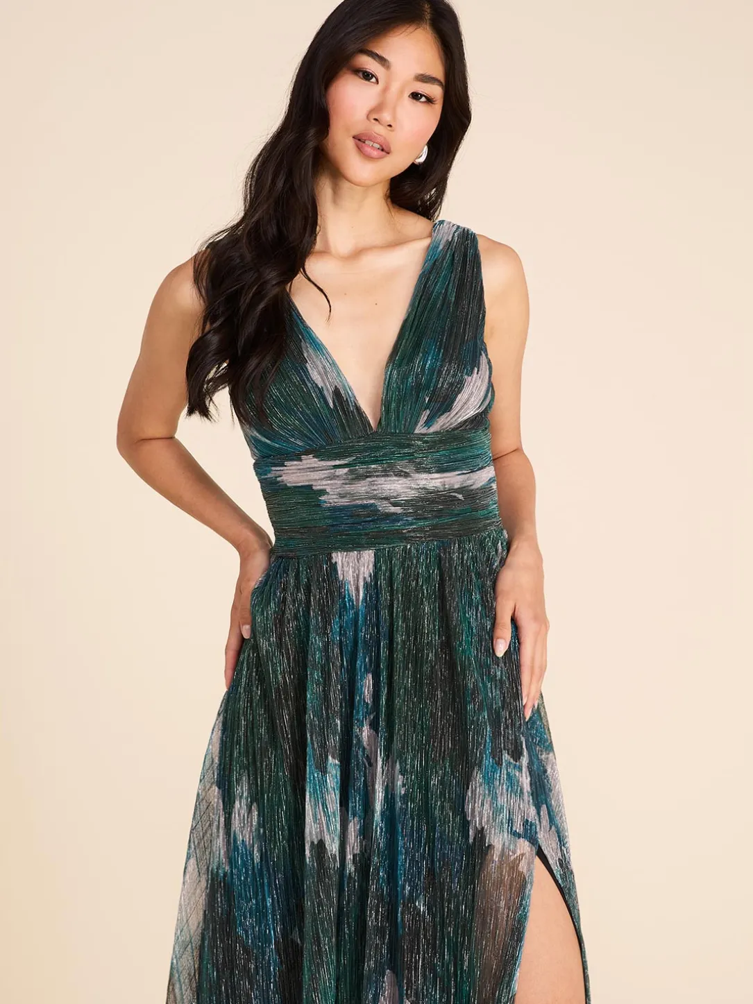 Floral Print V-Neck Metallic Crinkle Knit Gown