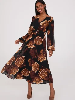 Floral Print V-Neck Pleated Maxi Dress