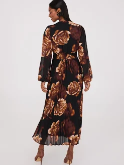 Floral Print V-Neck Pleated Maxi Dress