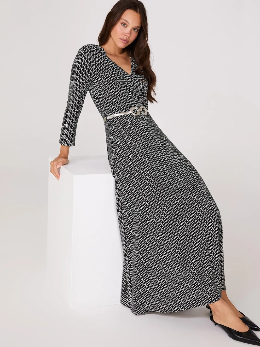 Geo Print Crossover A-Line Maxi Dress