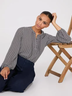 Geo Print Pintuck Popover Blouse