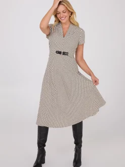 Geo Print Shawl Collar Belted Midi Dress