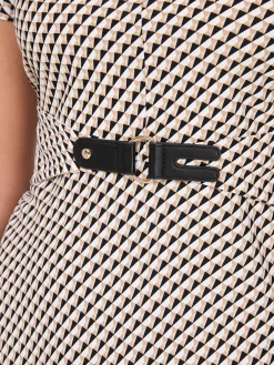 Geo Print Shawl Collar Belted Midi Dress