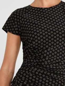 Geo Print Short Raglan Sleeve Top With Side Pleats