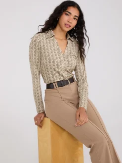 Geo Print Split Neck Button-Down Blouse