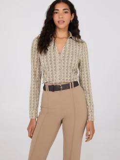 Geo Print Split Neck Button-Down Blouse