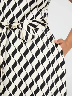 Geo Print V-Neck Satin Midi Dress
