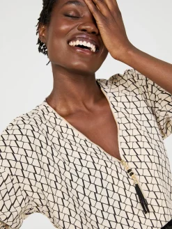 Geo Print Zip Front V-Neck Top