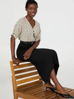 Geo Print Zip Front V-Neck Top