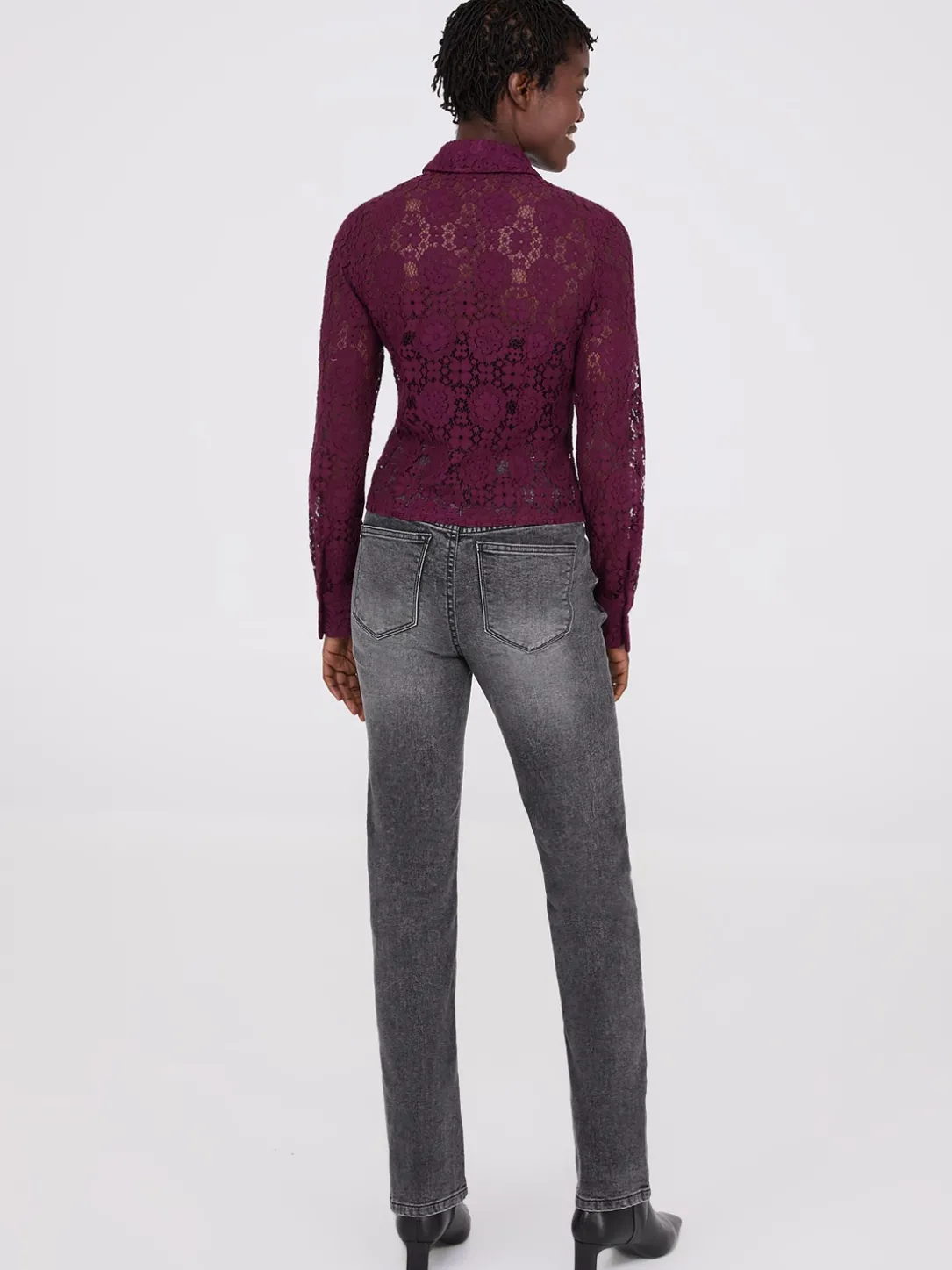 Lace Button-Front Fitted Blouse