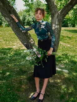Lace Floral Print Mock Neck Top