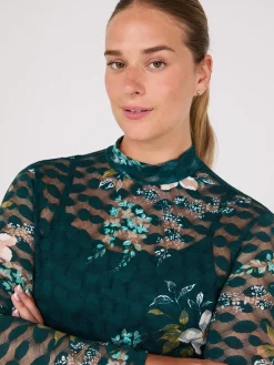 Lace Floral Print Mock Neck Top