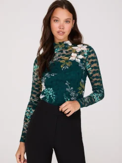 Lace Floral Print Mock Neck Top