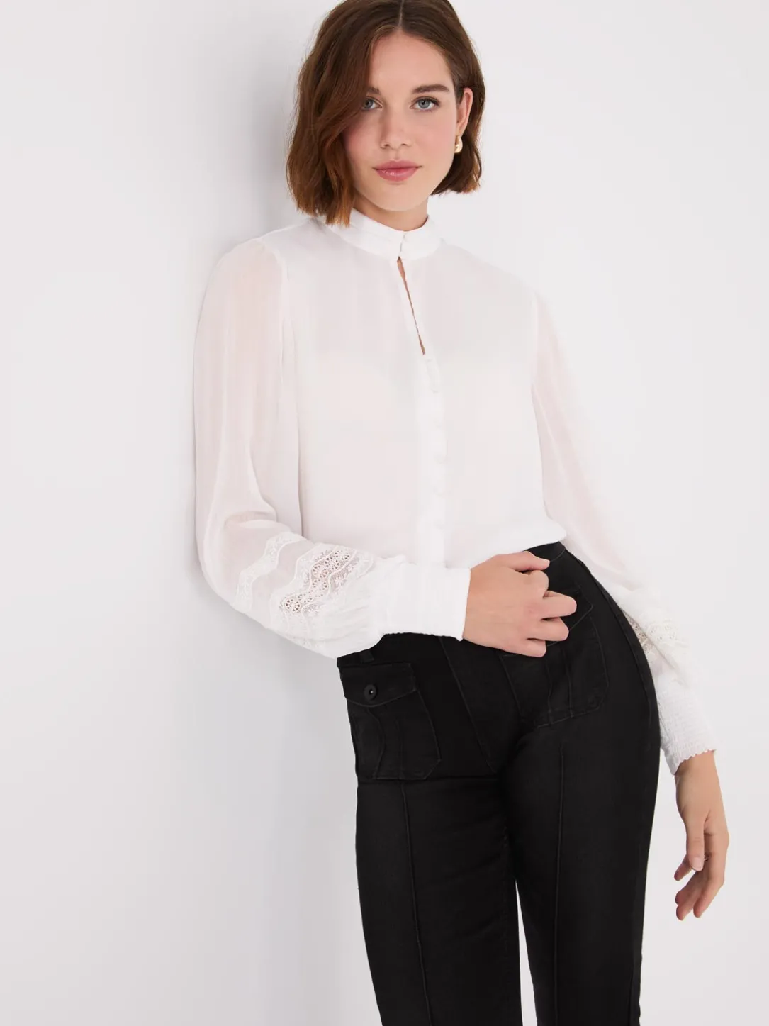 Lace Sleeve Blouse With Mandarin Collar