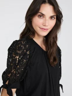 Lace Tie Sleeve Pleated Top