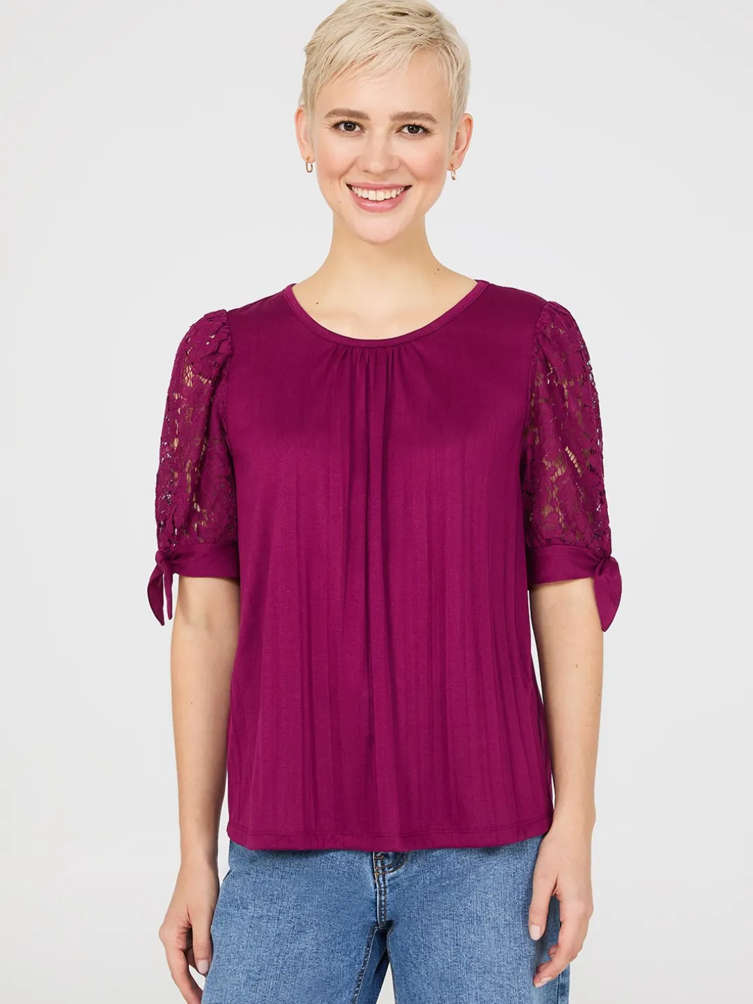 Lace Tie Sleeve Pleated Top