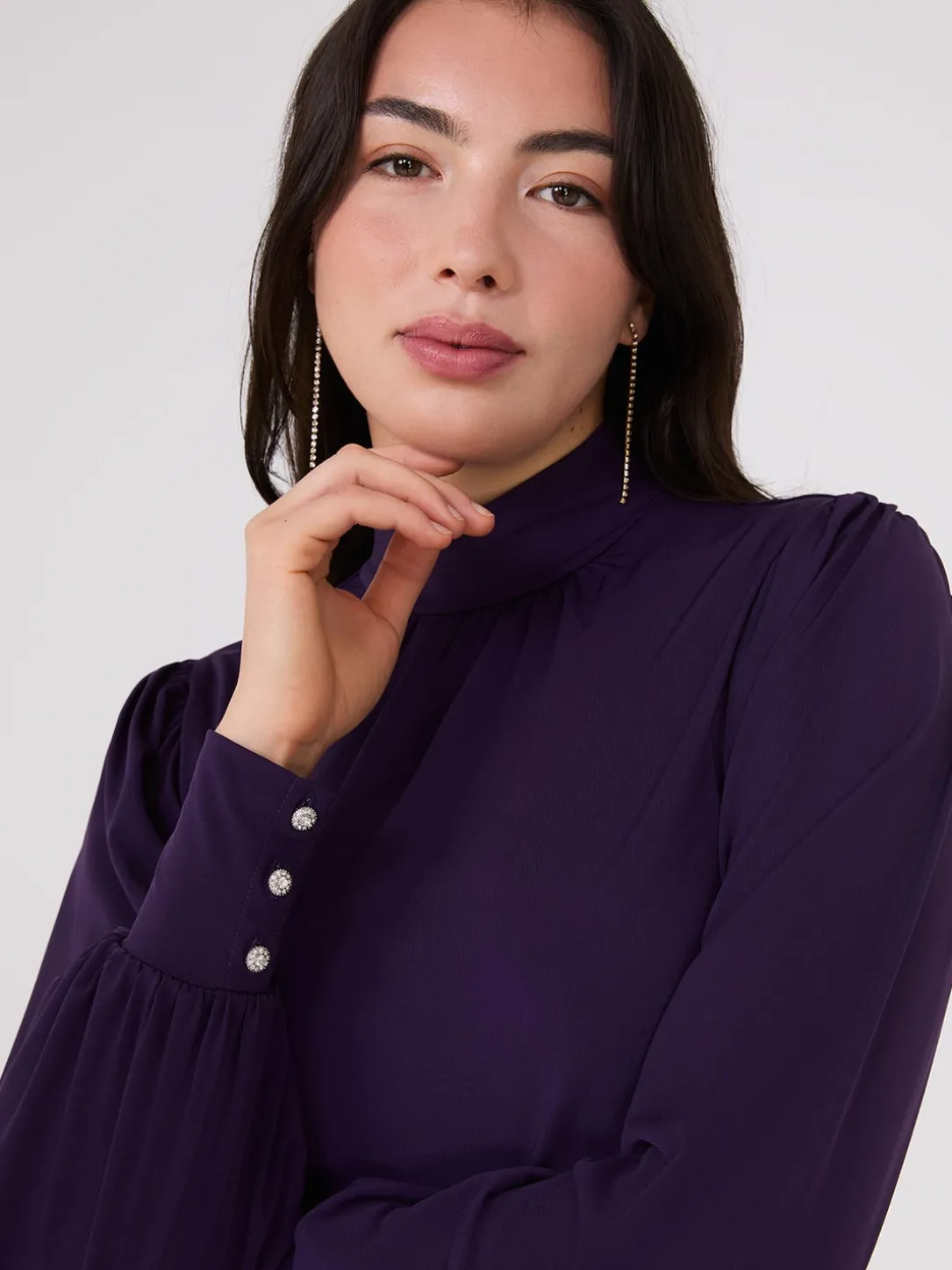 Long Balloon Sleeve Mock Neck Blouse