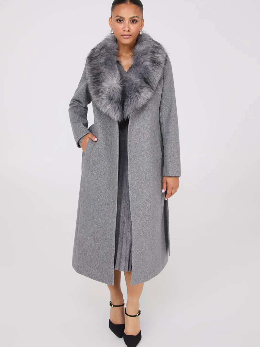 Long Wrap Coat With Faux Fur Collar