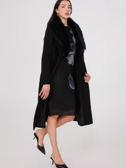 Long Wrap Coat With Faux Fur Collar