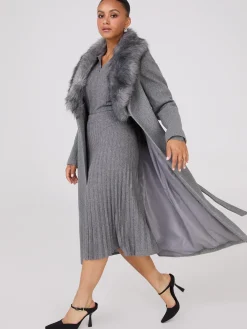 Long Wrap Coat With Faux Fur Collar