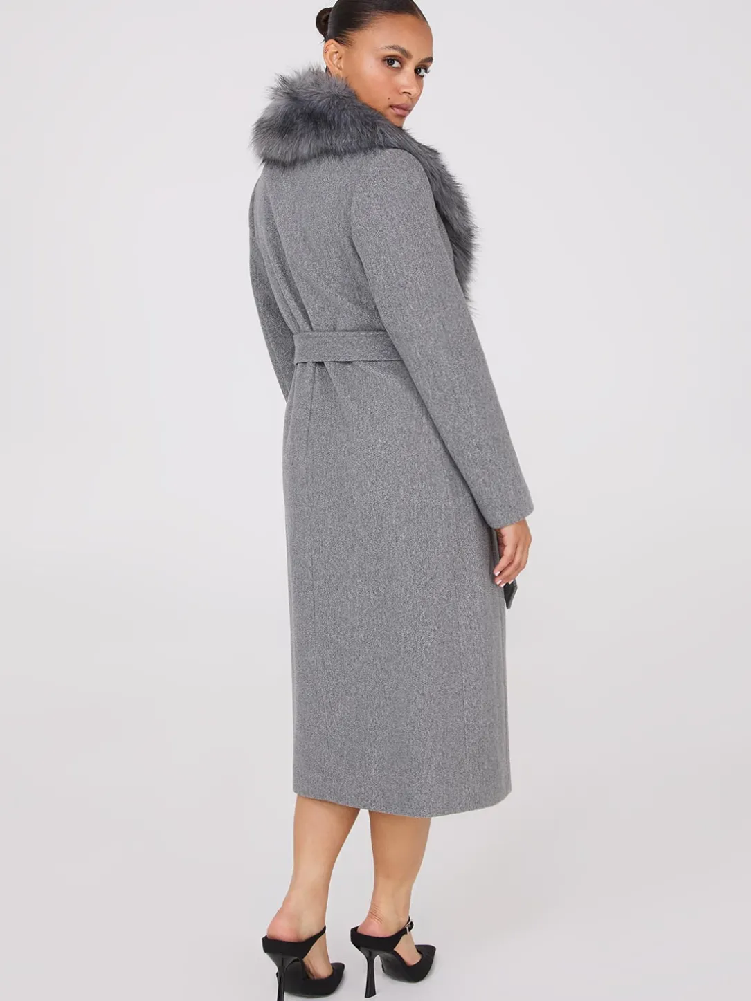 Long Wrap Coat With Faux Fur Collar