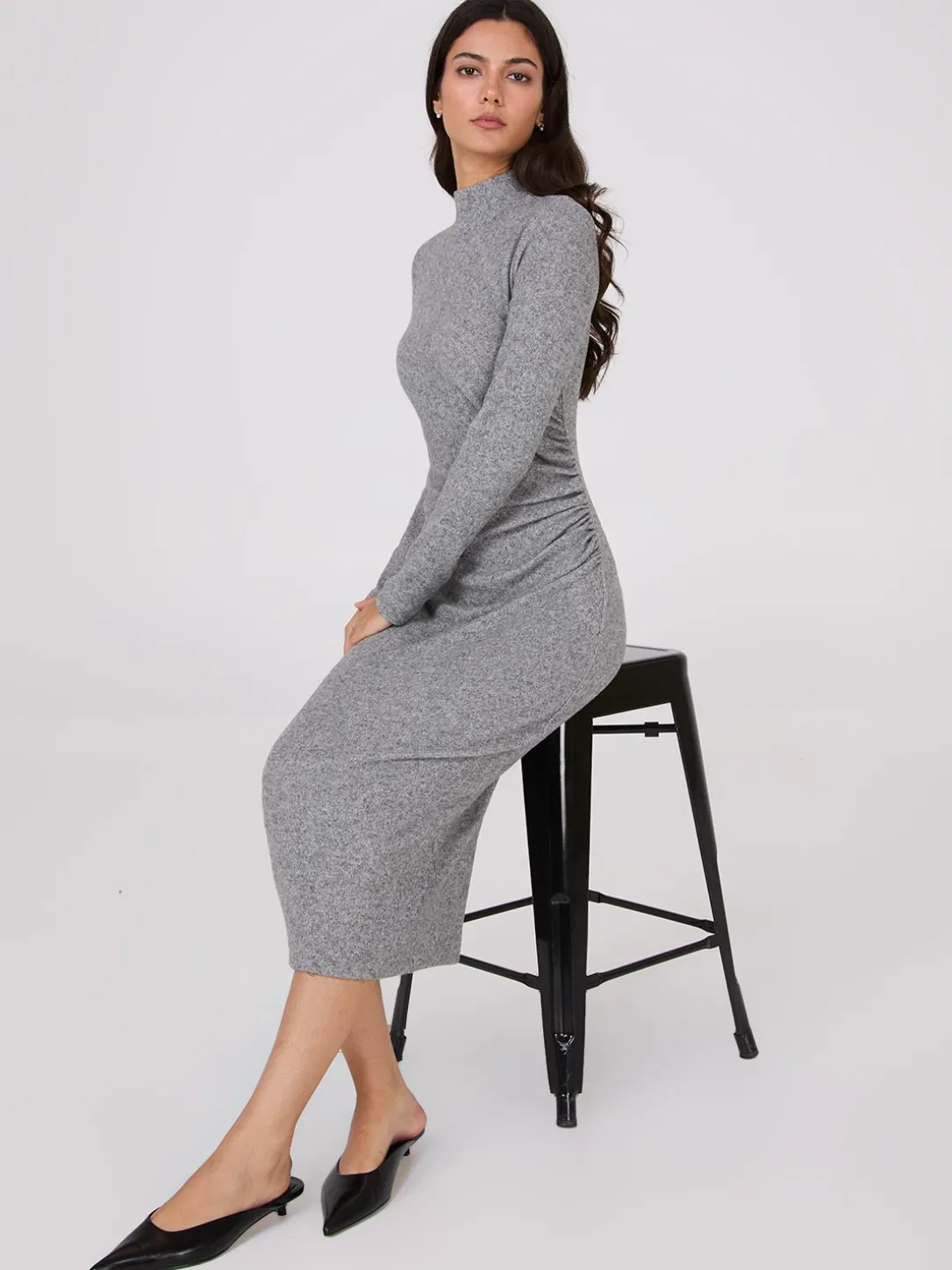 Melange Mock Neck Gathered Midi Dress